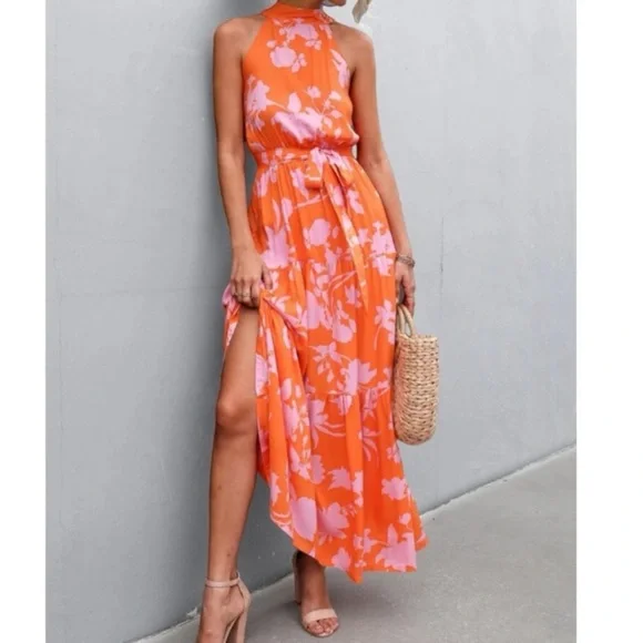 Boho pink  floral print belted halter maxi dress - Picture 12 of 14